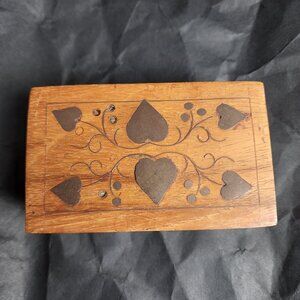 Ornate handmade antique vintage solid Wood box with brass inlay